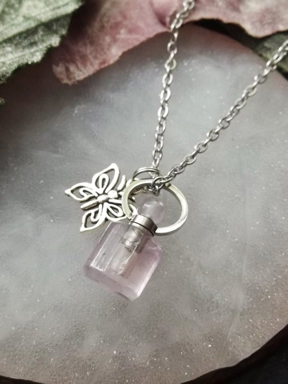 Amethyst Purple Quartz Crystal Vial Bottle Locket Butterfly Charm Necklace